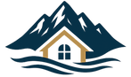 Hilltop Roofing logo with a house, mountains, and flowing lines symbolizing calm waters and steady service