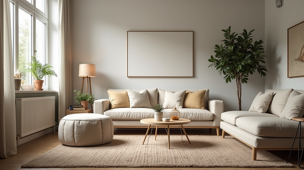Eye-level view of a cozy living room with minimal furniture