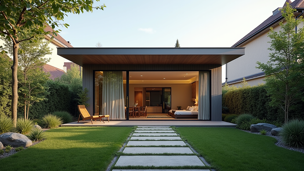 Eye-level view of a modern detached ADU in a residential backyard