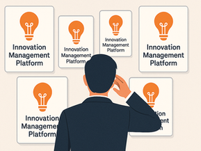 Business professional in suit choosing between multiple innovation management platform options, represented by lightbulb icons on cards arranged around them, symbolizing the decision-making process for selecting the right innovation platform