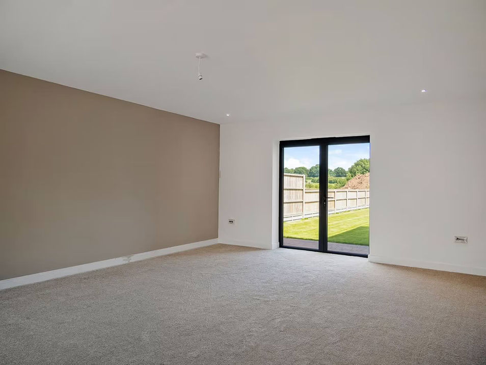 Spacious empty room with beige carpet and two-tone walls in white and taupe. Large glass door opens to a sunlit garden, conveying a bright, airy feel.