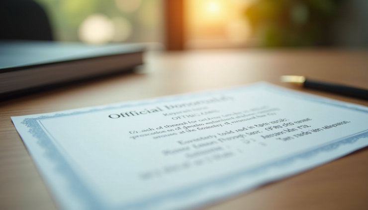 Eye-level view of a certificate of nonprofit status on a wooden desk