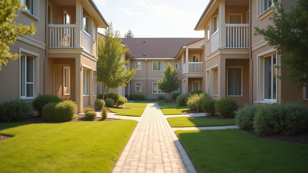 Eye-level view of a welcoming community housing complex