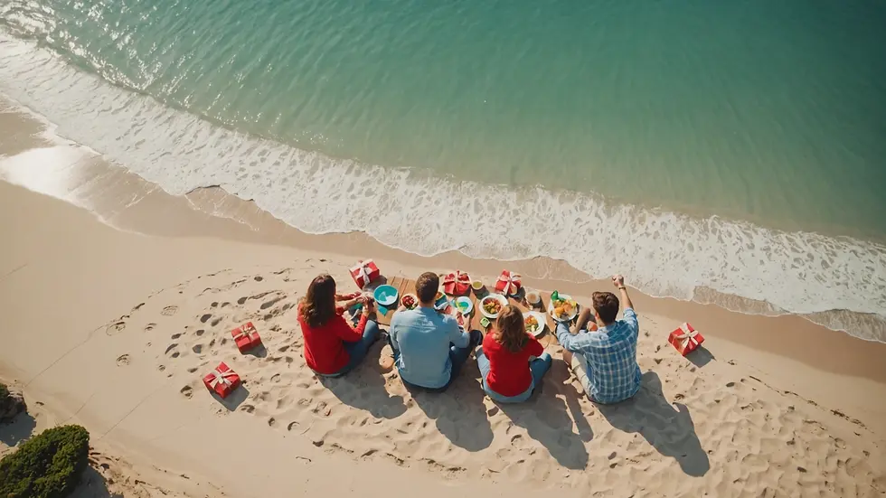 High angle view of a family enjoying a beach day during Christmas.