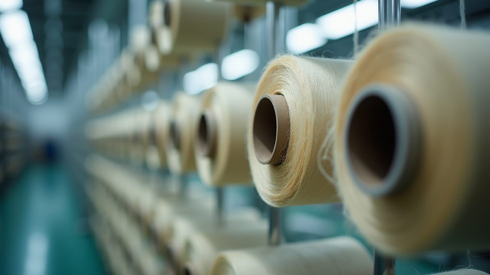 Close-up view of nylon yarn spools arranged in a factory