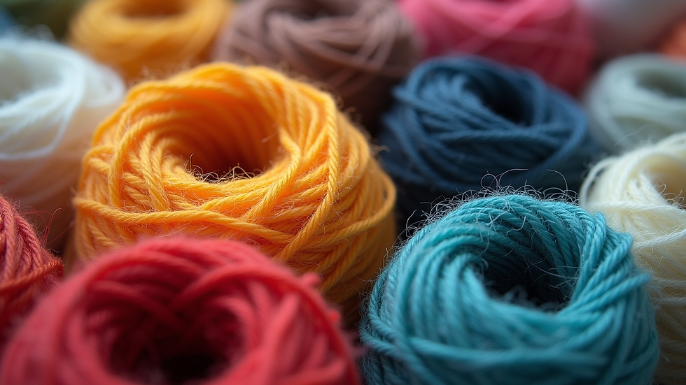 High angle view of nylon yarn samples with different textures and colors