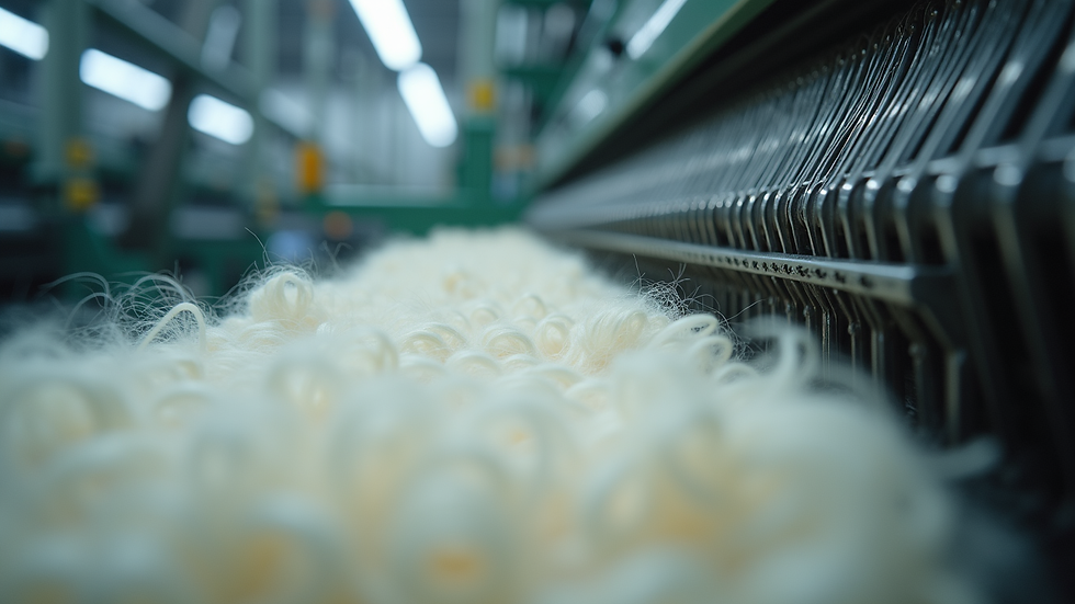 High angle view of industrial textile machinery producing nylon yarn