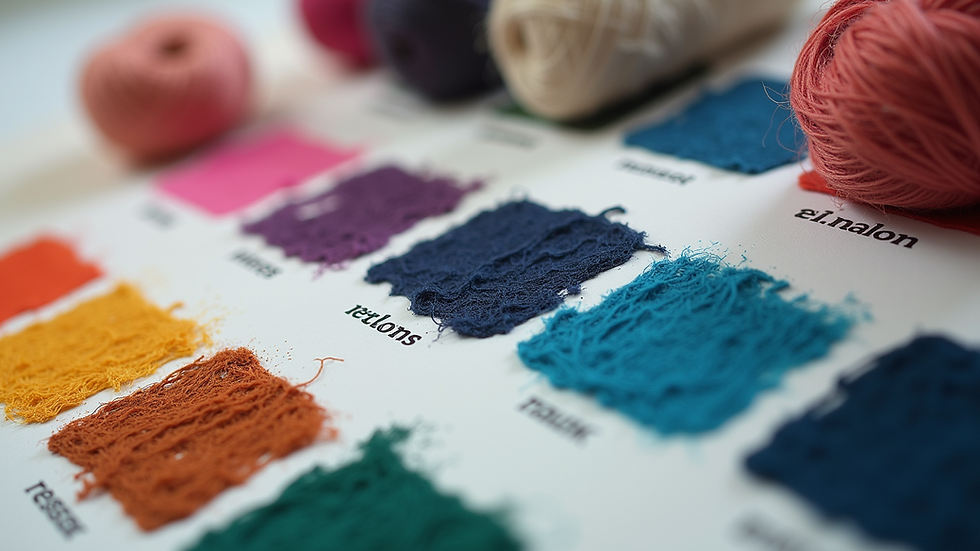Close-up view of a nylon yarn color card showing multiple color swatches