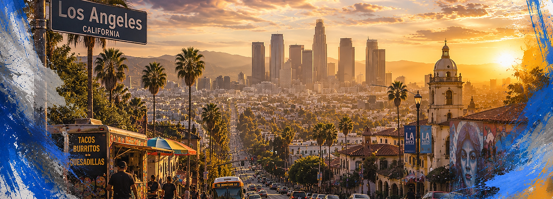 Los Angeles County skyline, palm-lined streets, and Southern California neighborhoods representing professional painting and drywall services.