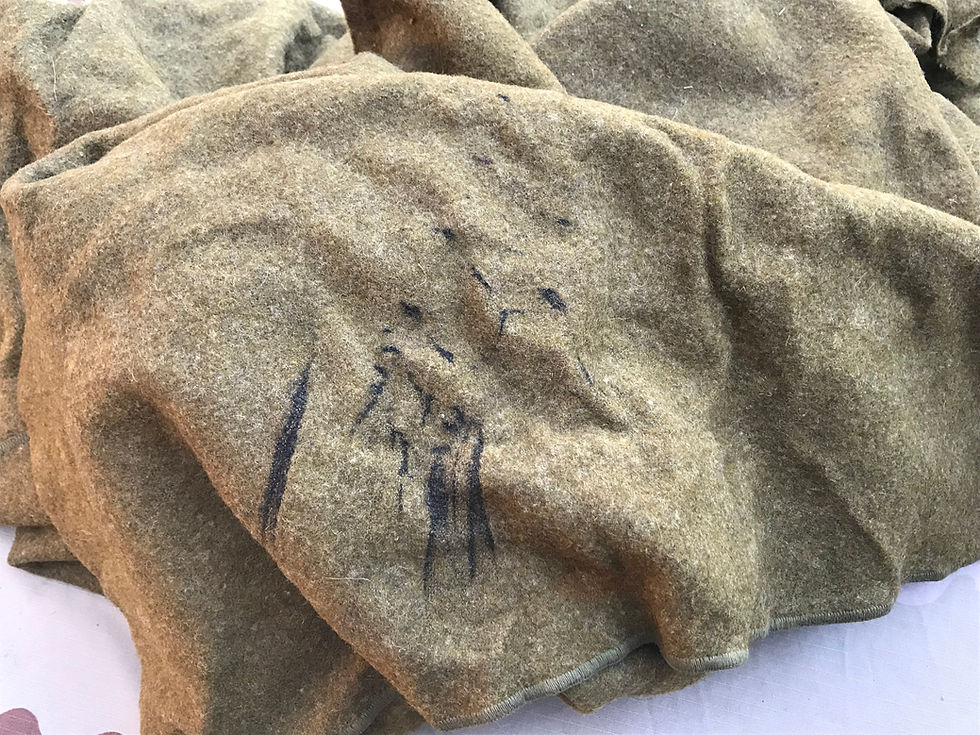 Thumbnail: US Military Korean War Green Wool Blanket w/ Caduceus Medical logo.