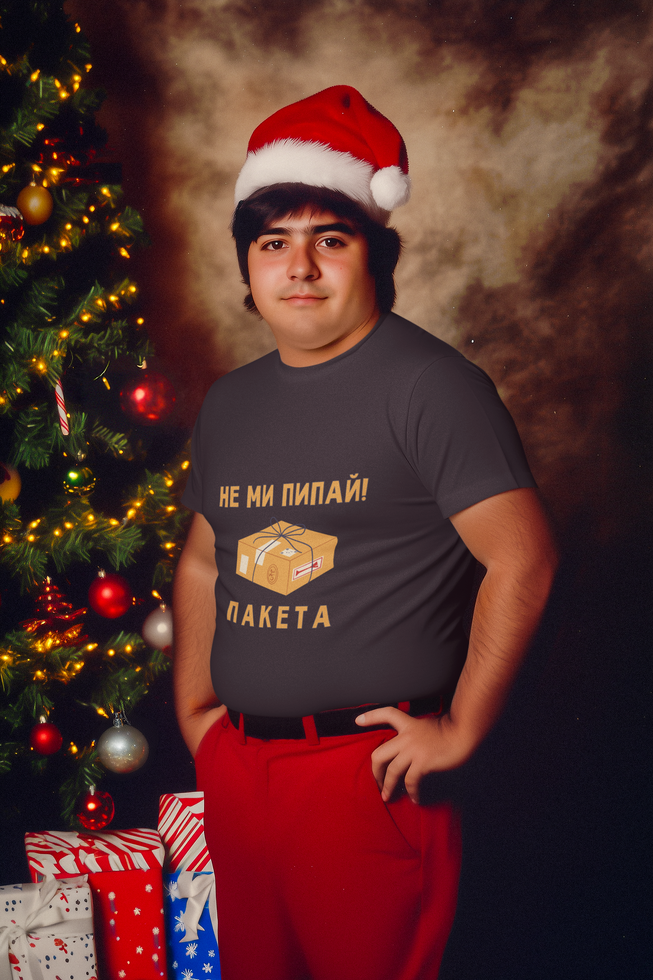 Мъжка тениска в тъмно сиво с надпис „Не ми пипай пакета“ и илюстрация – забавен подарък за мъже