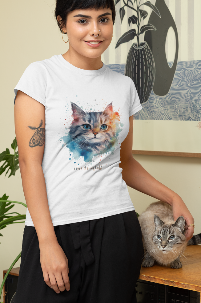 Бяло: Дамска бяла тениска "True to Yourself" с красиво коте