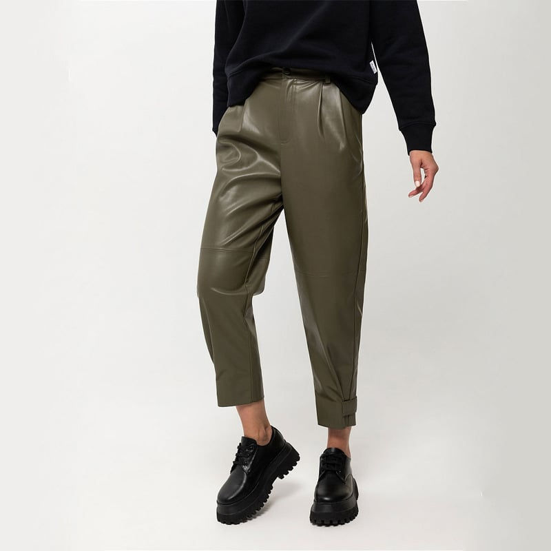High-Waist Slim-Fit PU Leather Cropped Trousers