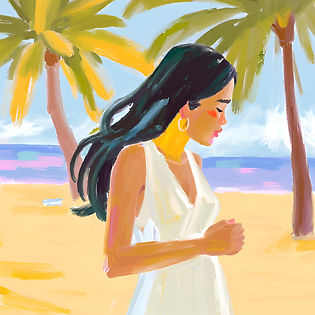 a long dark hair woman, yellow tanned skin, asian, wearing white dress, standing in tropic