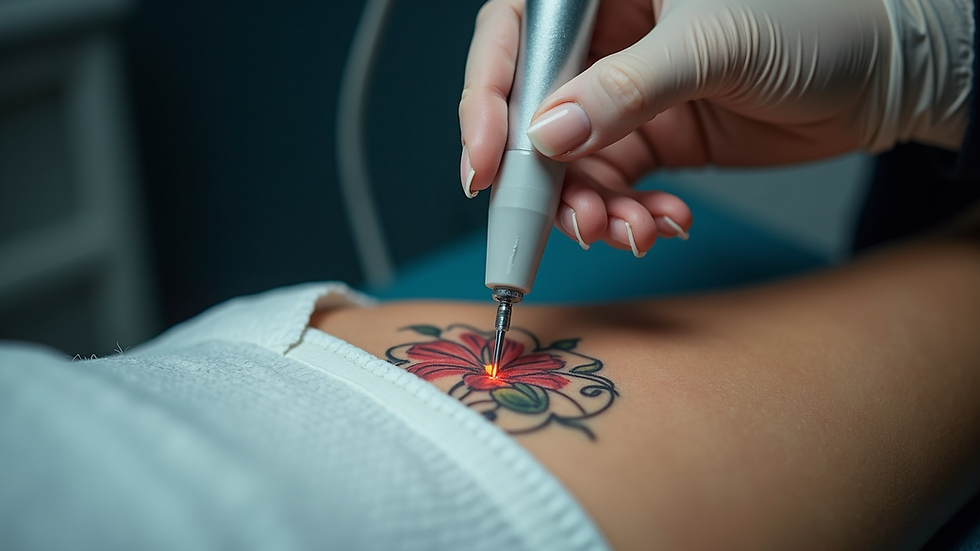 Close-up view of a laser tattoo removal session in progress