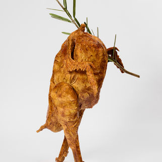 Contemporary sculpture of roasted chicken by Canadian artist Jude Griebel