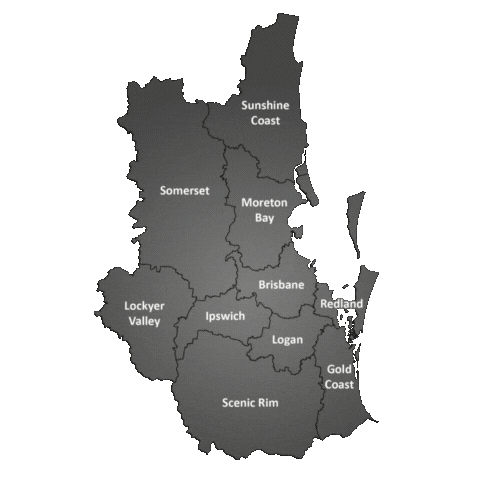 Map highlighting mobile caravan and trailer servicing areas across Brisbane, Ipswich, Moreton Bay and the Sunshine Coast