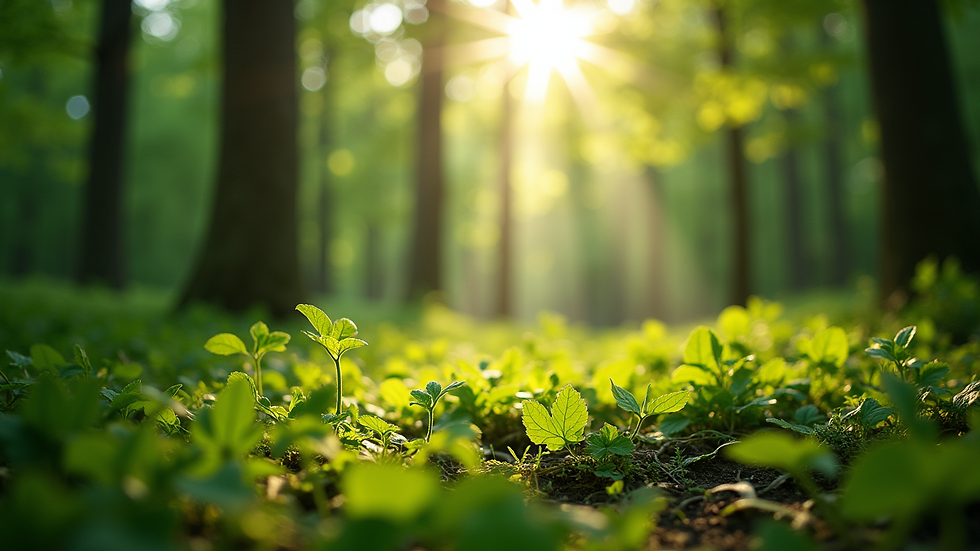 Eye-level view of a lush green forest with sunlight filtering through the leaves