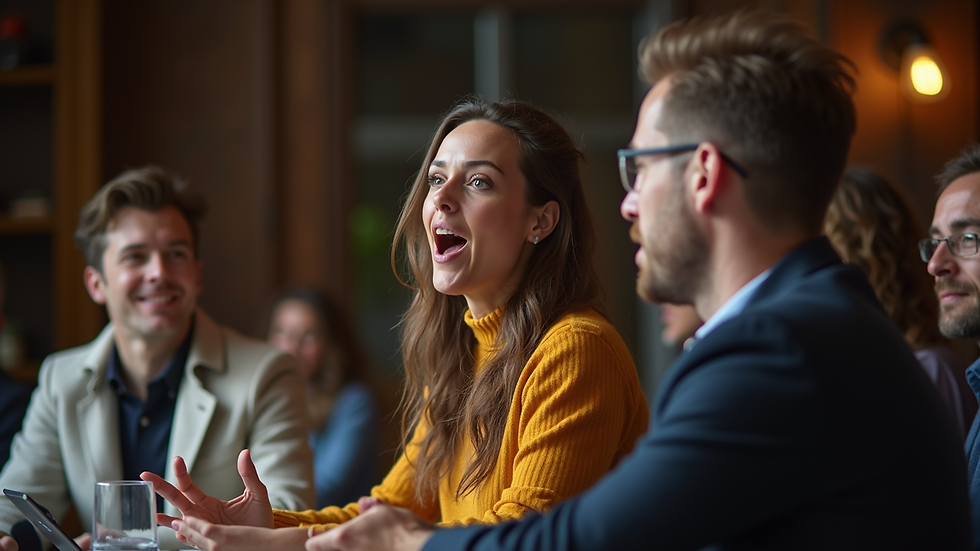 Eye-level view of a person speaking passionately in a discussion