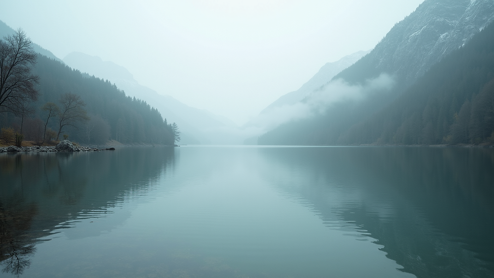 Close-up view of a serene landscape with a calm lake
