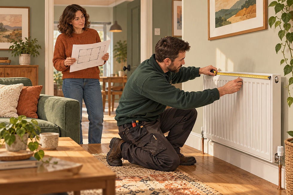 Illustration of a heating engineer assessing a radiator during a home survey.