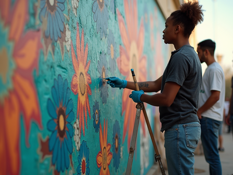 Artists collaborating on a vibrant mural at a community art festival.