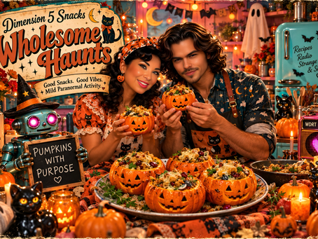 Celeste and Mickey in the Dimension 5 Snacks Wholesome Haunts Test Kitchen presenting gluten-free mini stuffed pumpkins with carved jack-o-lantern faces and savory filling.