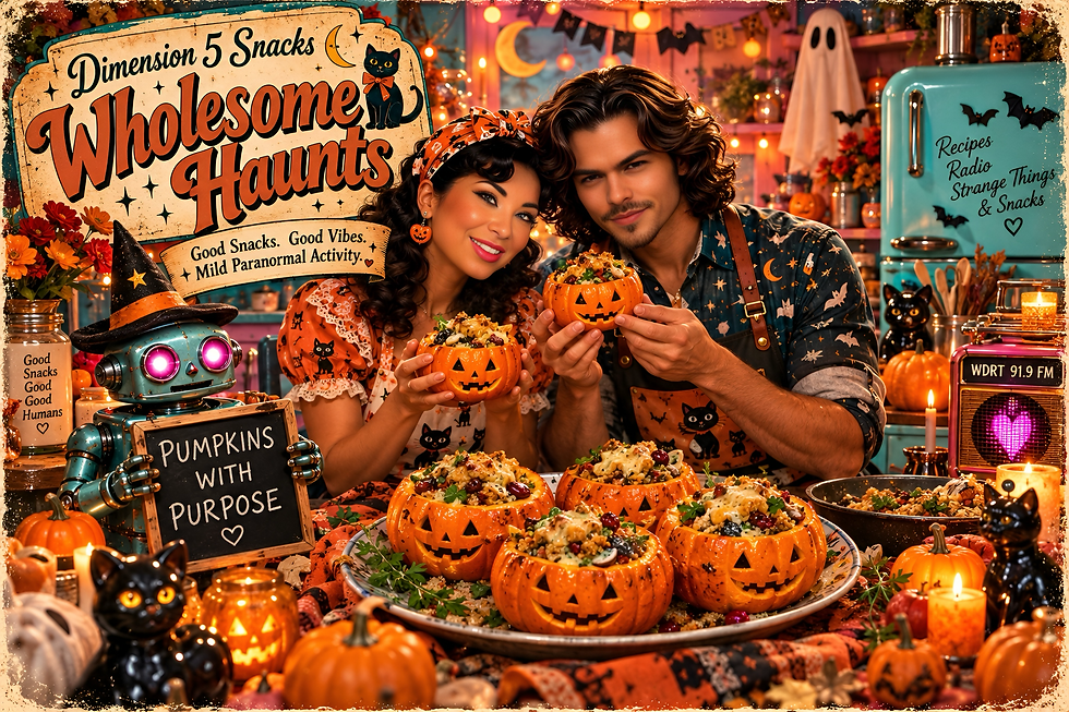 Celeste and Mickey in the Dimension 5 Snacks Wholesome Haunts Test Kitchen presenting gluten-free mini stuffed pumpkins with carved jack-o-lantern faces and savory filling.