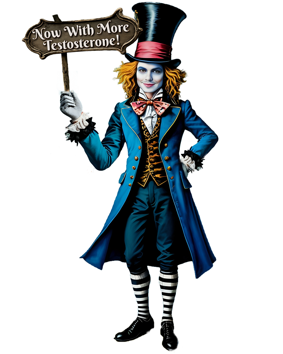 Character in a blue coat, top hat, holding a sign saying "Now With More Testosterone!" Striped pants. Whimsical and colorful.