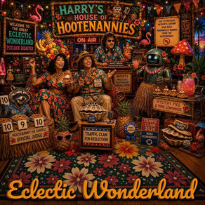 Artwork for Harry’s House Of Hootenannies, an Eclectic Wonderland radio adventure from Velvet Umbrella Radio featuring novelty music, pie contests, flamingos, raccoons, and wonderfully weird storytelling.