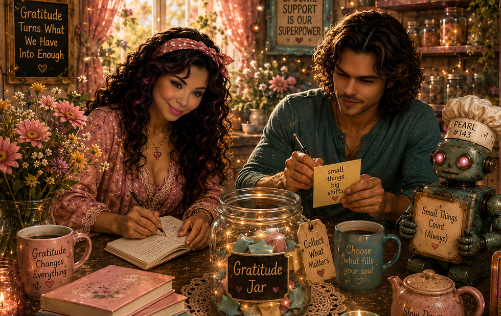 Celeste and Mickey writing gratitude notes beside Pearl, warm coffee, journals, flowers, a glowing gratitude jar, and a story panel reading The Small Things Were Never Small.
