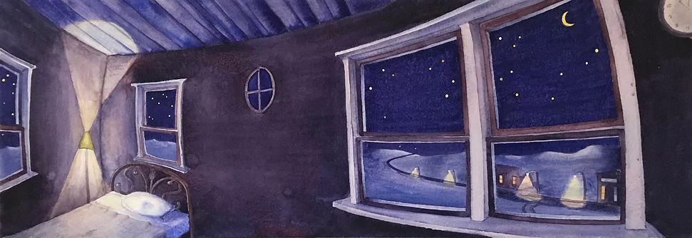 Bedroom Windows on Snowy Prairie - watercolor - 9.5" x 27" - $1,250