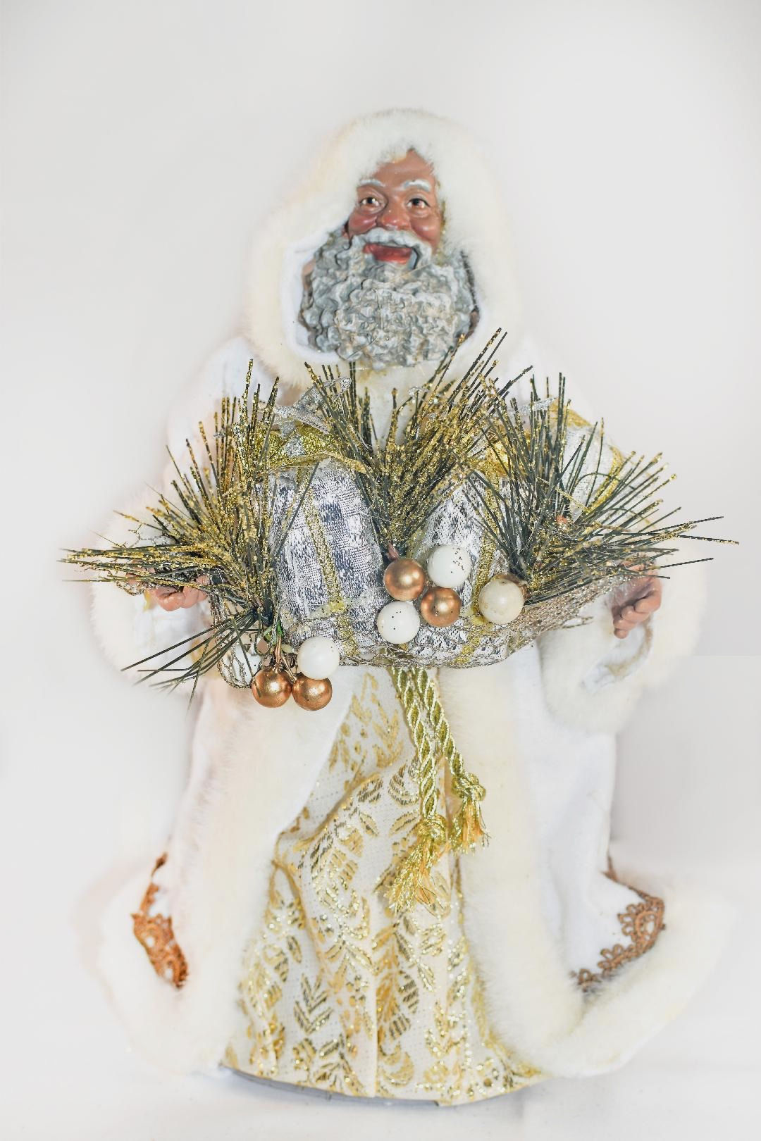 11" African American Santa in Ivory & Gold Tree Topper