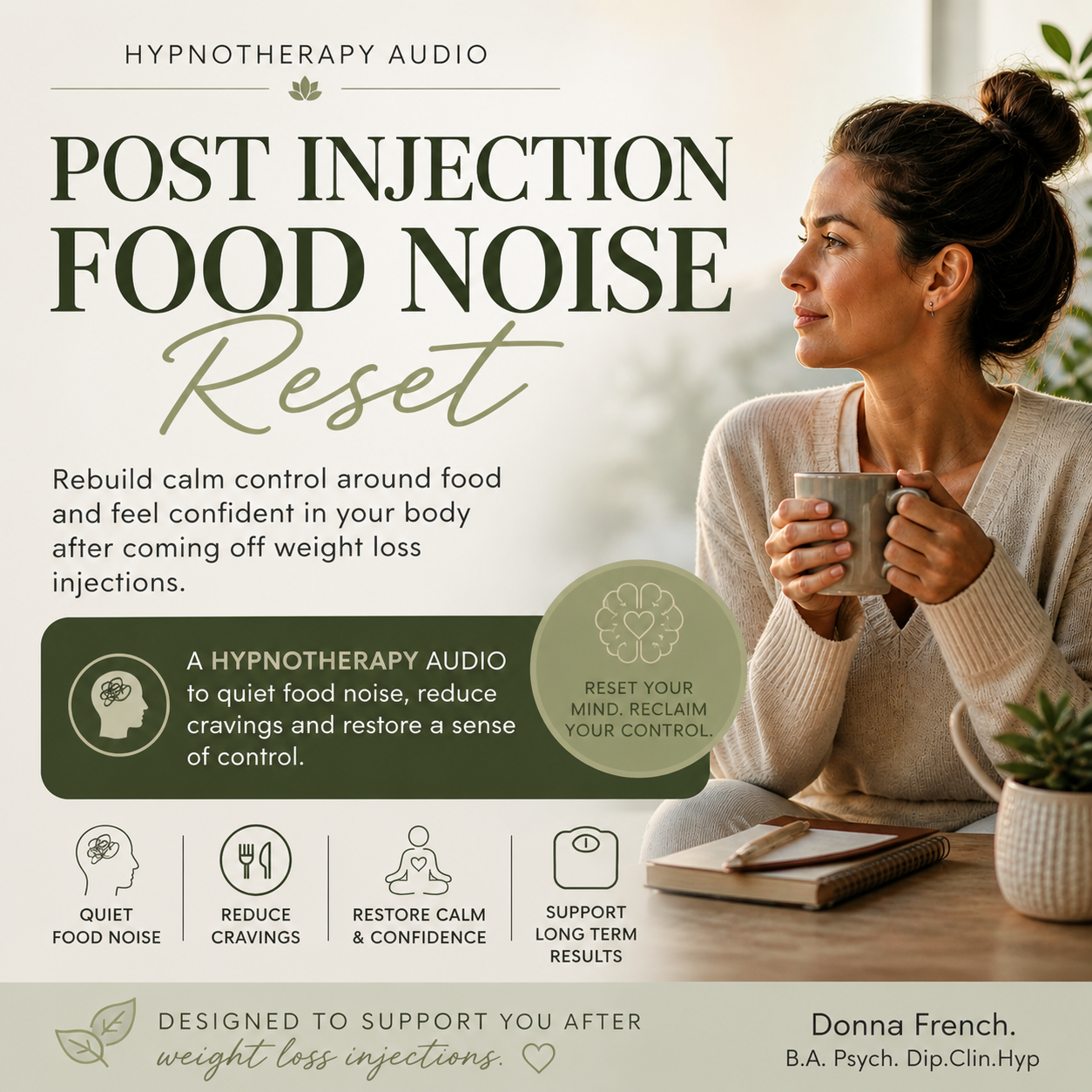 Calm woman listening to a hypnotherapy reset to reduce food noise and regain control after stopping weight loss injections