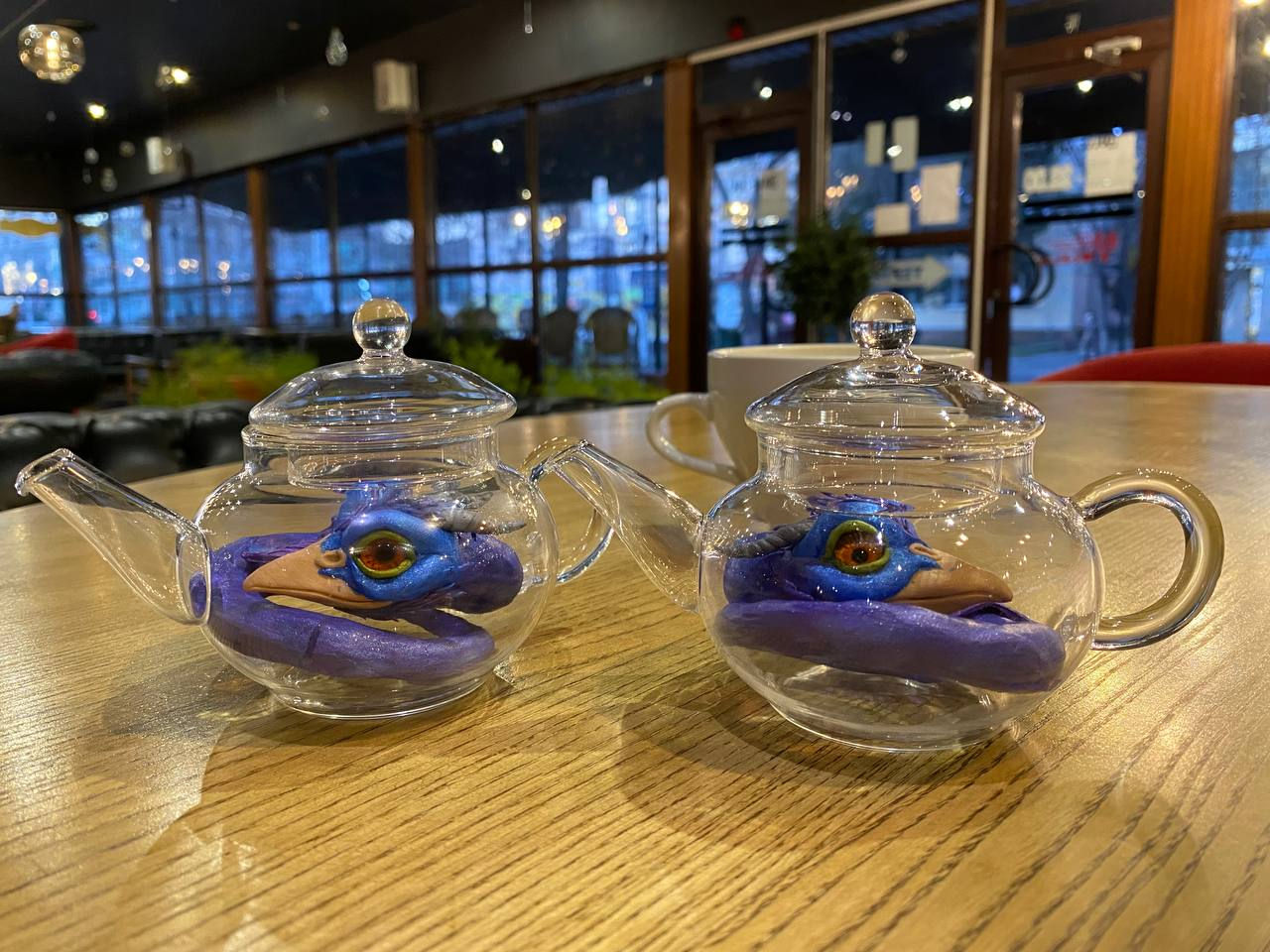 Occamy inspired fantastic creature in a teapot glass teapot polymer clay dragon