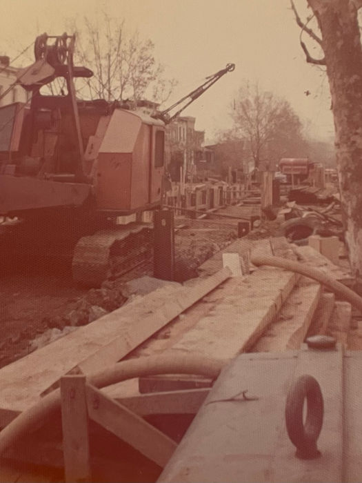 The metro line construction on 2450 block of I Street. Vibrations from the work caused damage to several houses on the block. (private collection, Morella Hanson)