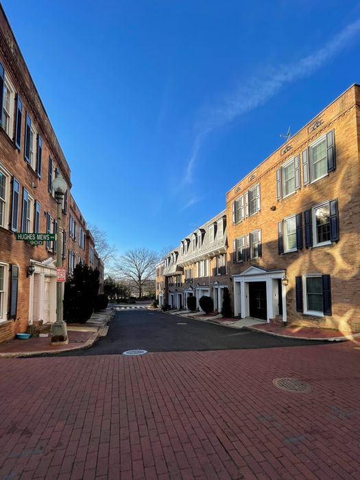 A view looking down Queen Anne's Lane from the center of Hughes Mews. The 26th Street Park sits at the bottom of the lane.