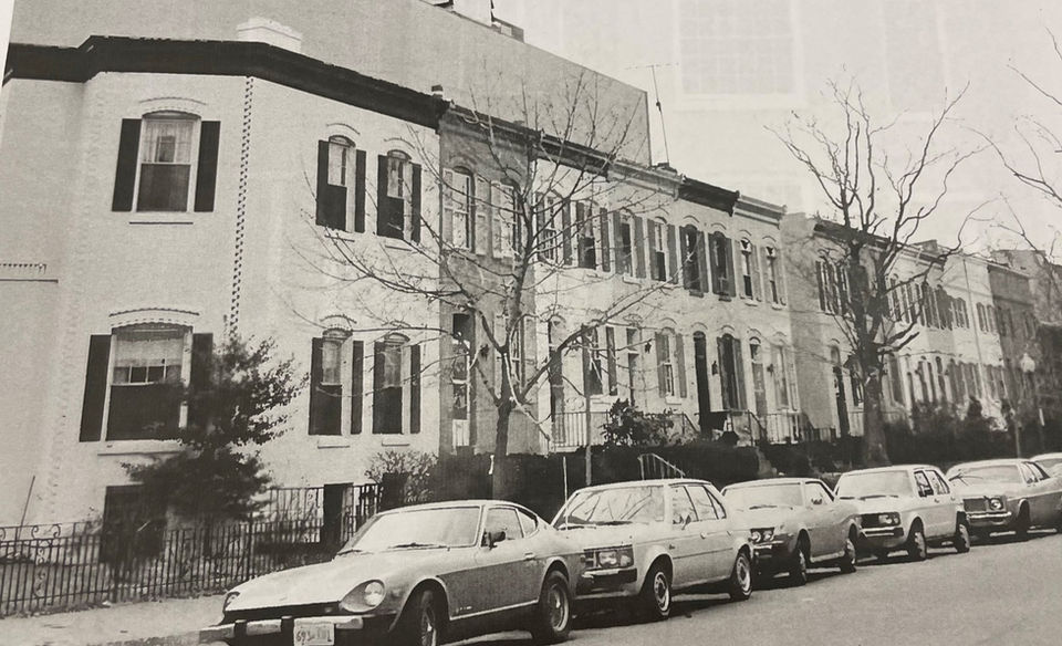 A winter 1983 streetscape view of the New Hampshire rows from the H Street corner. The corner house (left side) was painted white in 1983. (EHT Traceries, Nov. 1983)