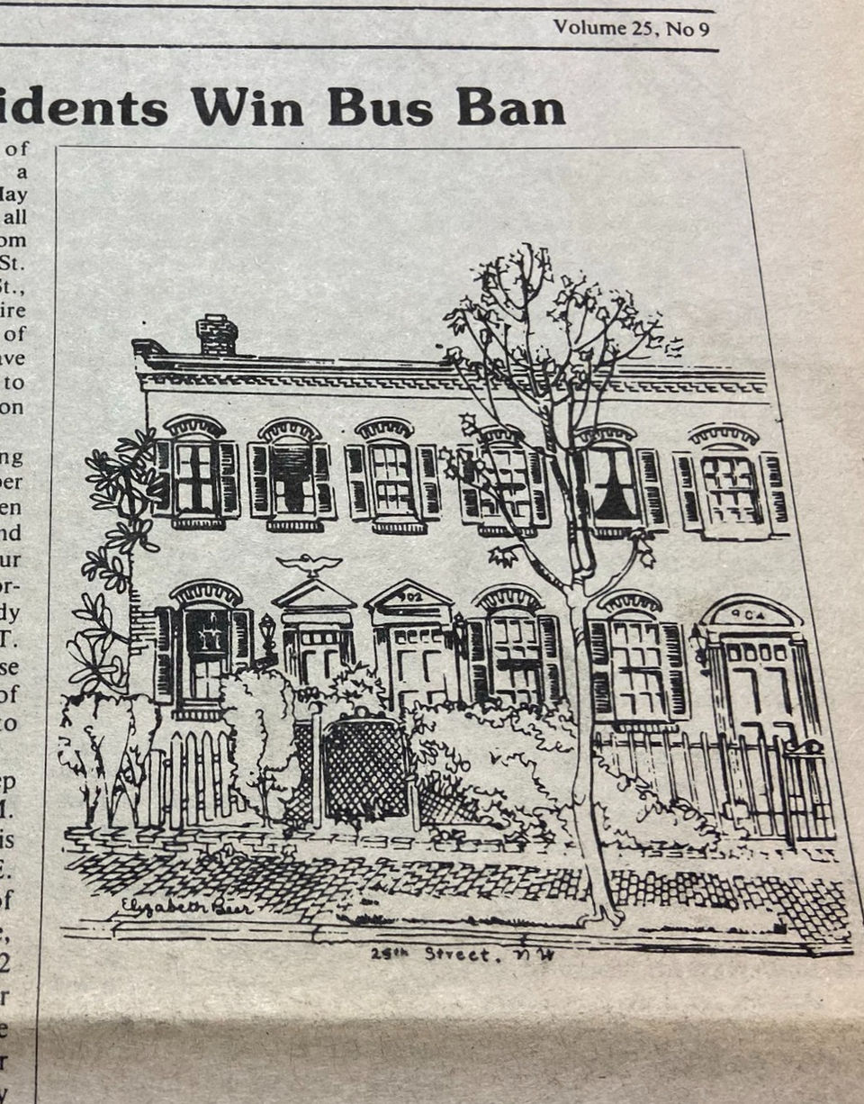 Illustration of 900 25th St, by Elizabeth Beers, GW, (FBNews, May 1981)