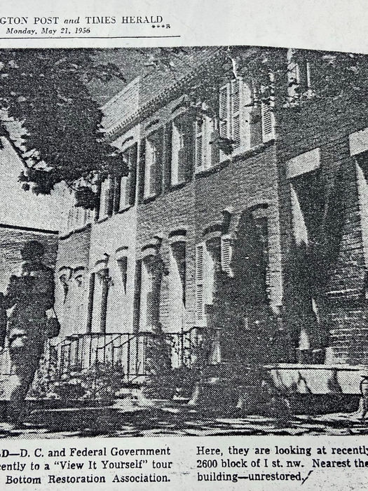 2600 Block of I Street showing recently renovated homes - which soon would be demolished for the Potomac Parkway (Wash Post, May 21, 1956)