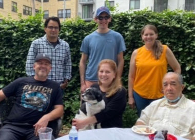 Picnic in Snows Court with FBHD residents of Foggy Bottom. (Lower left)Will C., Tamara L. with Dexter, and Claude S. (Top left) Tony (?) , Zach C. and Amy L. (@ summer 2022)