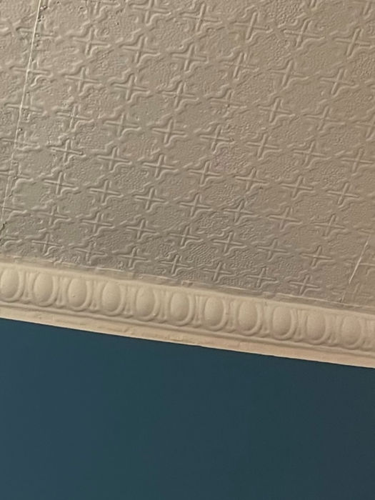 Entry level painted tin ceiling and crown molding.