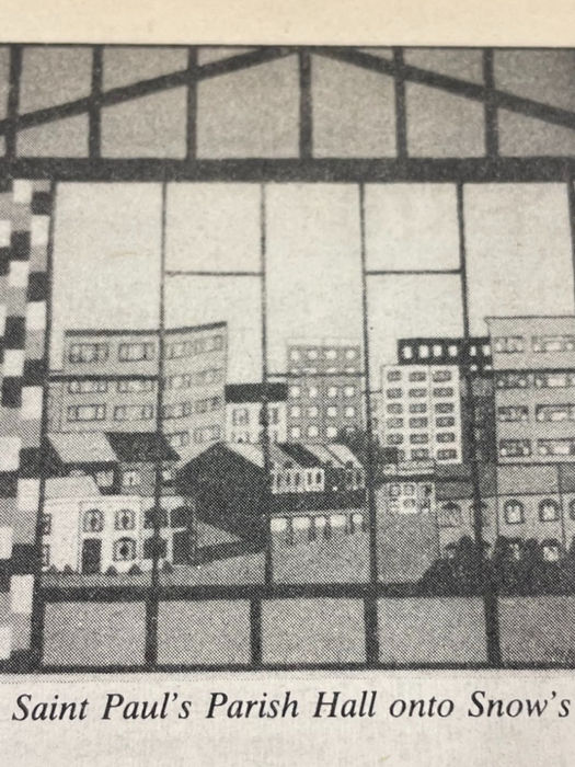 Local artist George Young's view of Snows Court from the back of St. Paul's Parish Hall, early 1980s (Foggy Bottom News)