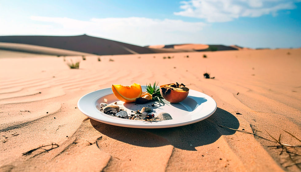 Un plato con fruta descompuesta en medio del desierto, con arena hasta el horizonte.