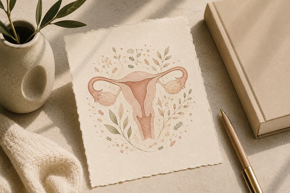 Ilustración del aparato reproductor femenino que representa el equilibrio del microbioma vaginal y la salud ginecológica.