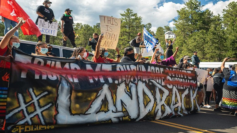 Image of a LANDBACK protest based on Trump’s reversal of the Mashpee Wampanoag’s legal land sovereignty — Photo by Willi White
