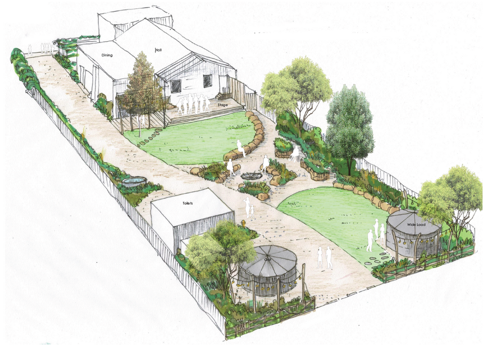 Sketch of Hall with landscape for socialising