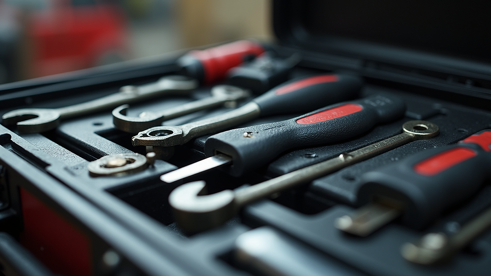 Close-up view of a mobile mechanic’s toolbox with various tools neatly organized