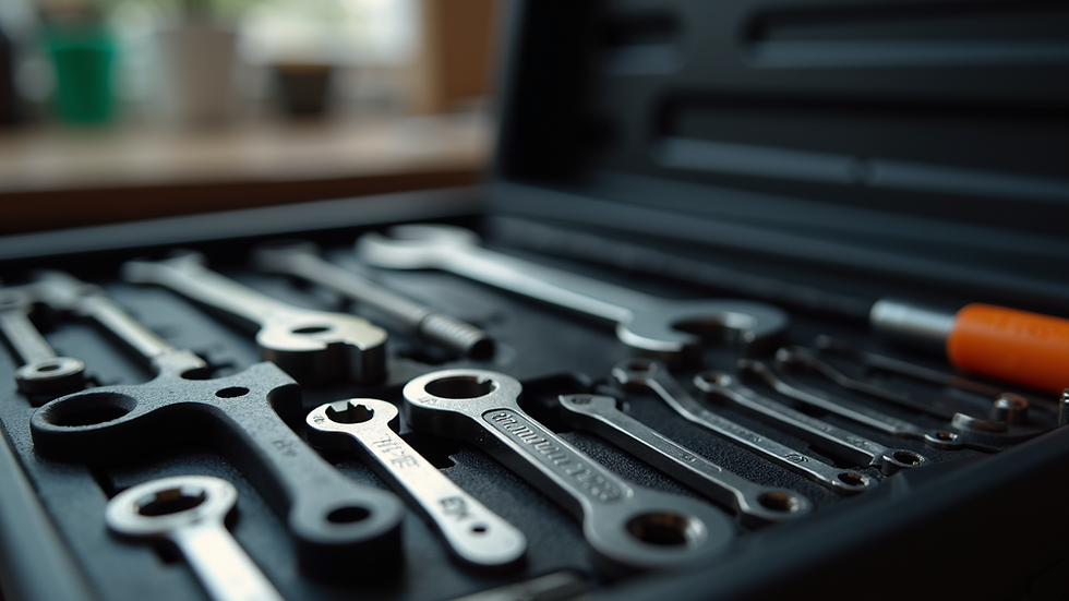 Close-up view of a mechanic’s toolbox with various tools neatly arranged