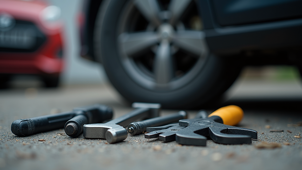 Close-up view of a mobile mechanic’s toolkit laid out on the ground next to a car